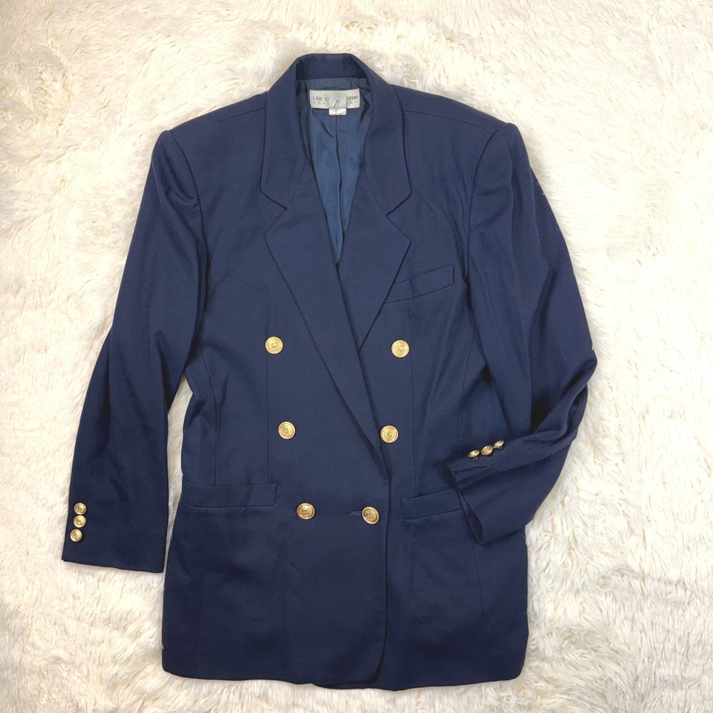 Vintage Liz Claiborne Blazer Women 4 Navy Blue Double Breasted Gold Button Wool